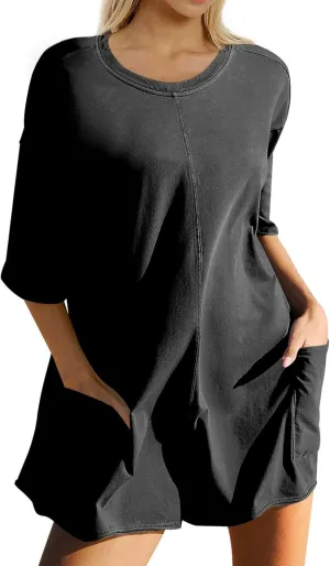 Ugerlov Women's Casual Rompers Half Sleeve Short Jumpsuits Athletic Scoop Neck Overalls Hot Shot Tee Romper with Pockets