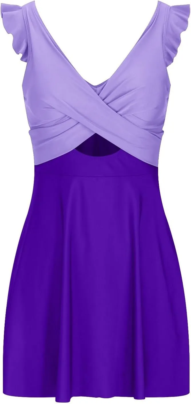 Uillui Tummy Control One Piece Swimsuit Women Ruffle Swimdress V Neck Twist Backless Bathing Suit Cutout Swimwear with Skirt
