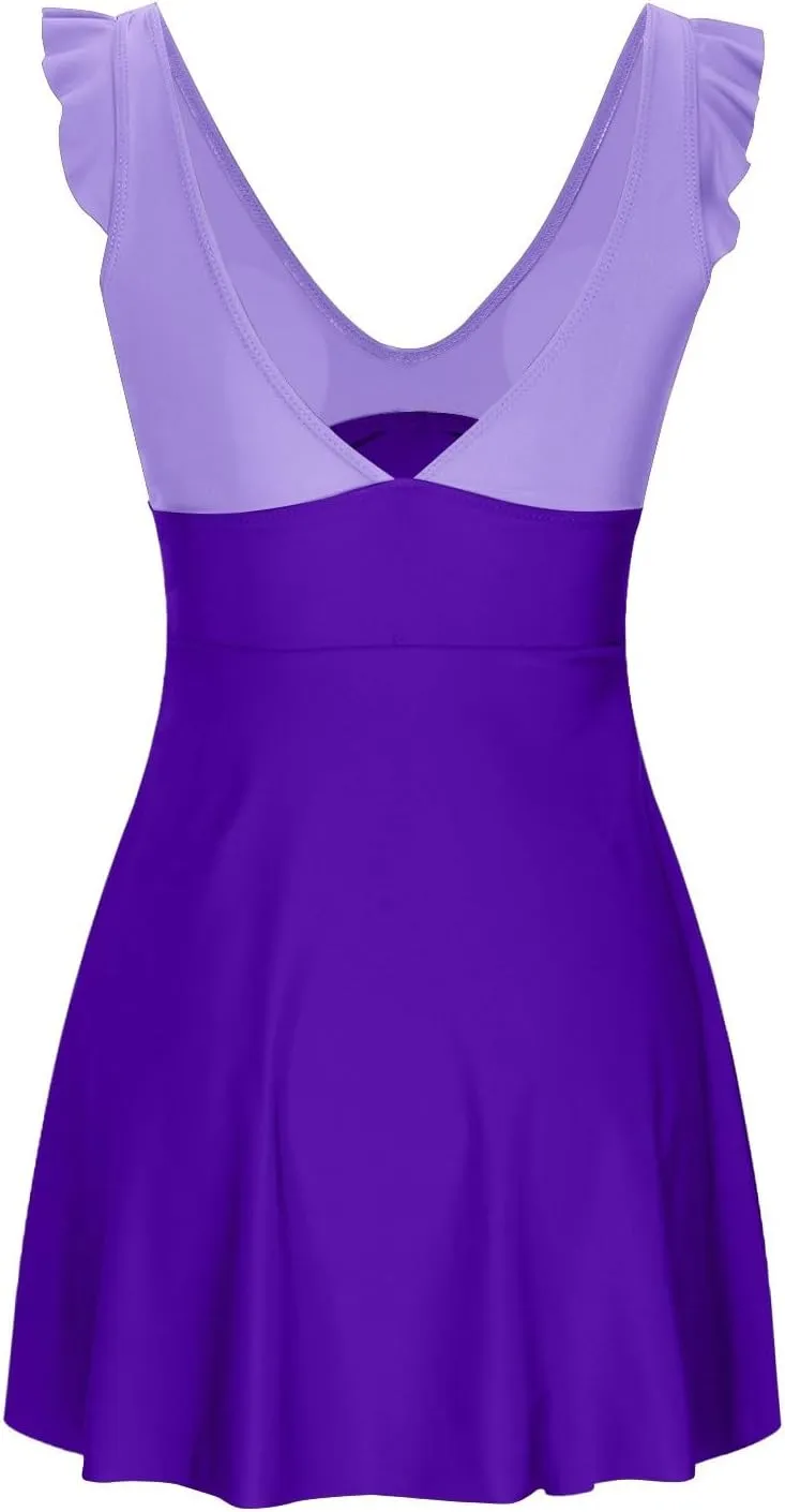 Uillui Tummy Control One Piece Swimsuit Women Ruffle Swimdress V Neck Twist Backless Bathing Suit Cutout Swimwear with Skirt