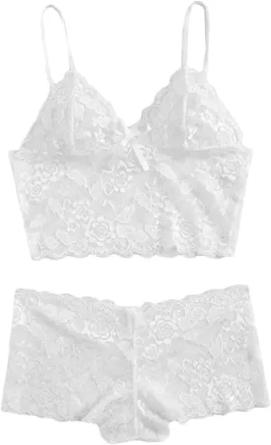 Uillui Women Sexy Lace Pajamas 2 Piece Lingerie Set High Waist Sleepwear Sheer Bra and Panty Babydoll Outfits Bralette Set