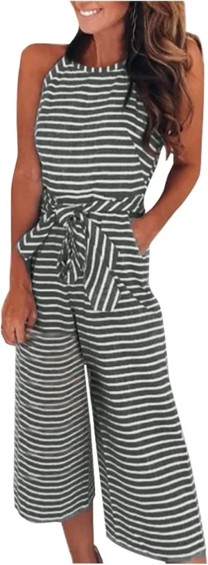 UOFOCO Women's Striped Sleeveless Jumpsuits Rompers 2024 Summer New Crew Neck Tank Top Lace-Up Cropped Pants Trousers