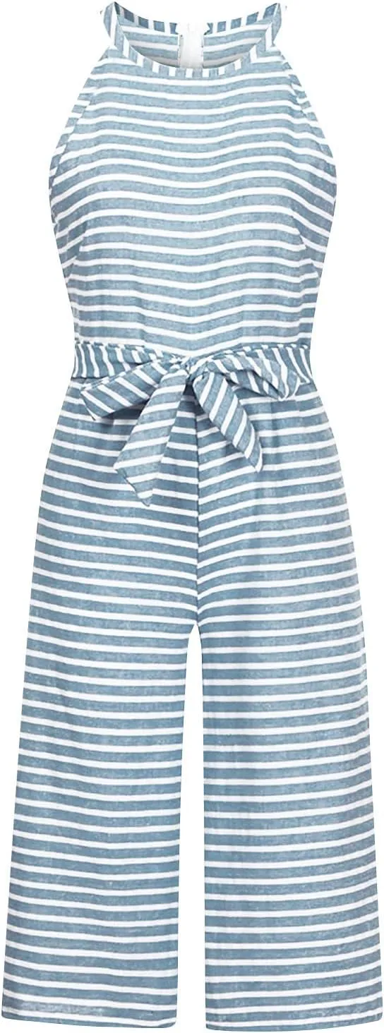 UOFOCO Women's Striped Sleeveless Jumpsuits Rompers 2024 Summer New Crew Neck Tank Top Lace-Up Cropped Pants Trousers