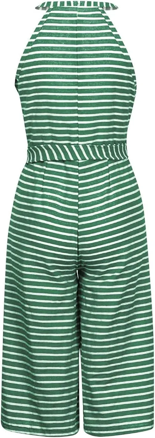UOFOCO Women's Striped Sleeveless Jumpsuits Rompers 2024 Summer New Crew Neck Tank Top Lace-Up Cropped Pants Trousers