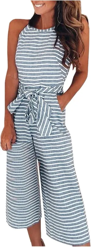 UOFOCO Women's Striped Sleeveless Jumpsuits Rompers 2024 Summer New Crew Neck Tank Top Lace-Up Cropped Pants Trousers