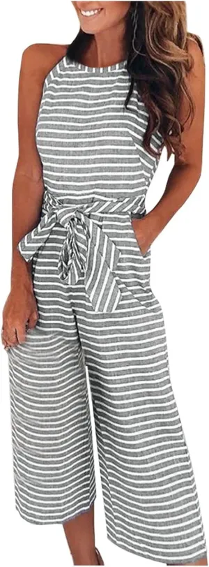 UOFOCO Women's Striped Sleeveless Jumpsuits Rompers 2024 Summer New Crew Neck Tank Top Lace-Up Cropped Pants Trousers