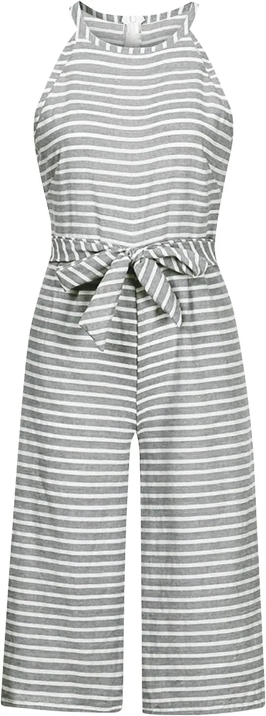 UOFOCO Women's Striped Sleeveless Jumpsuits Rompers 2024 Summer New Crew Neck Tank Top Lace-Up Cropped Pants Trousers