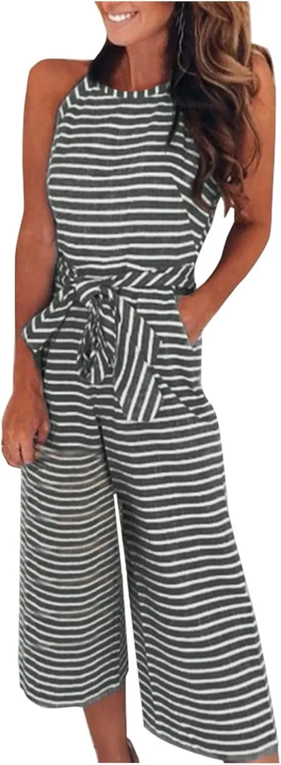 UOFOCO Women's Striped Sleeveless Jumpsuits Rompers 2024 Summer New Crew Neck Tank Top Lace-Up Cropped Pants Trousers