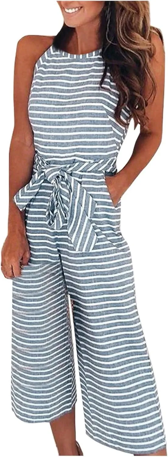 UOFOCO Women's Striped Sleeveless Jumpsuits Rompers 2024 Summer New Crew Neck Tank Top Lace-Up Cropped Pants Trousers