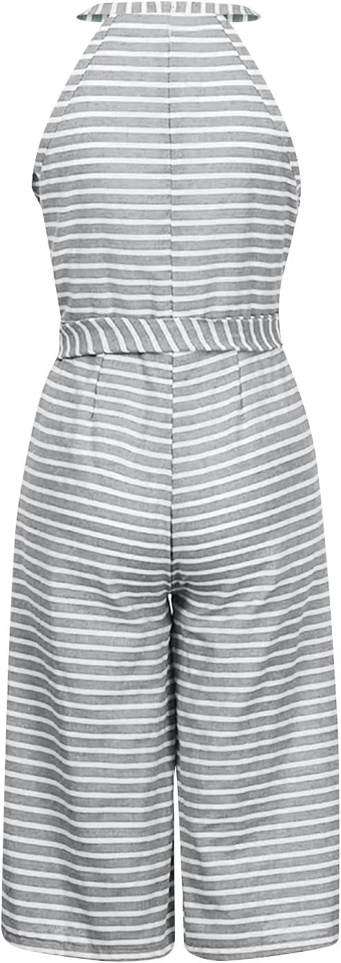 UOFOCO Women's Striped Sleeveless Jumpsuits Rompers 2024 Summer New Crew Neck Tank Top Lace-Up Cropped Pants Trousers