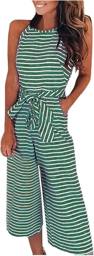 UOFOCO Women's Striped Sleeveless Jumpsuits Rompers 2024 Summer New Crew Neck Tank Top Lace-Up Cropped Pants Trousers