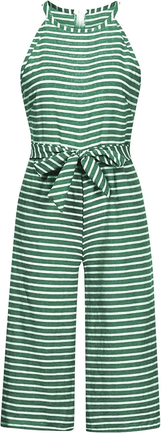 UOFOCO Women's Striped Sleeveless Jumpsuits Rompers 2024 Summer New Crew Neck Tank Top Lace-Up Cropped Pants Trousers