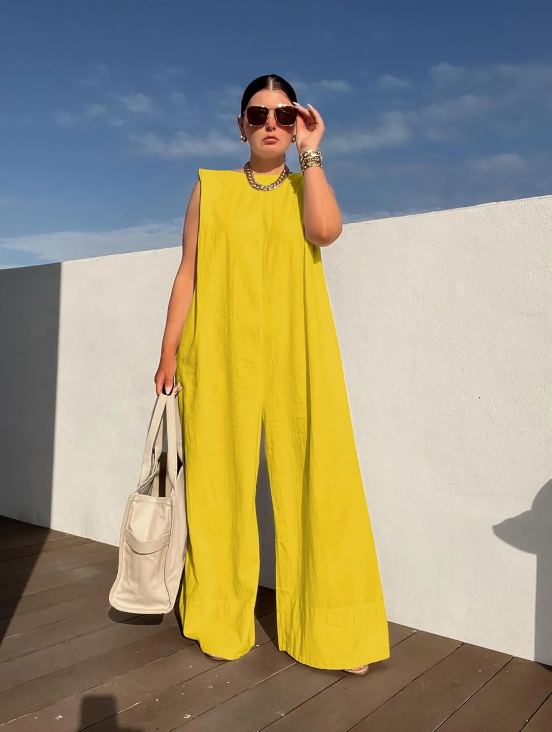 UOOZEE Womens Jumpsuits Dressy Summer Outfits Casual Sleeveless Wide Leg Long Pants Rompers Fashion Clothes 2024