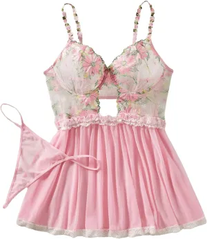 Verdusa Women's Plus Size Floral Embroidery Mesh Underwire Babydoll Lingerie with Thong