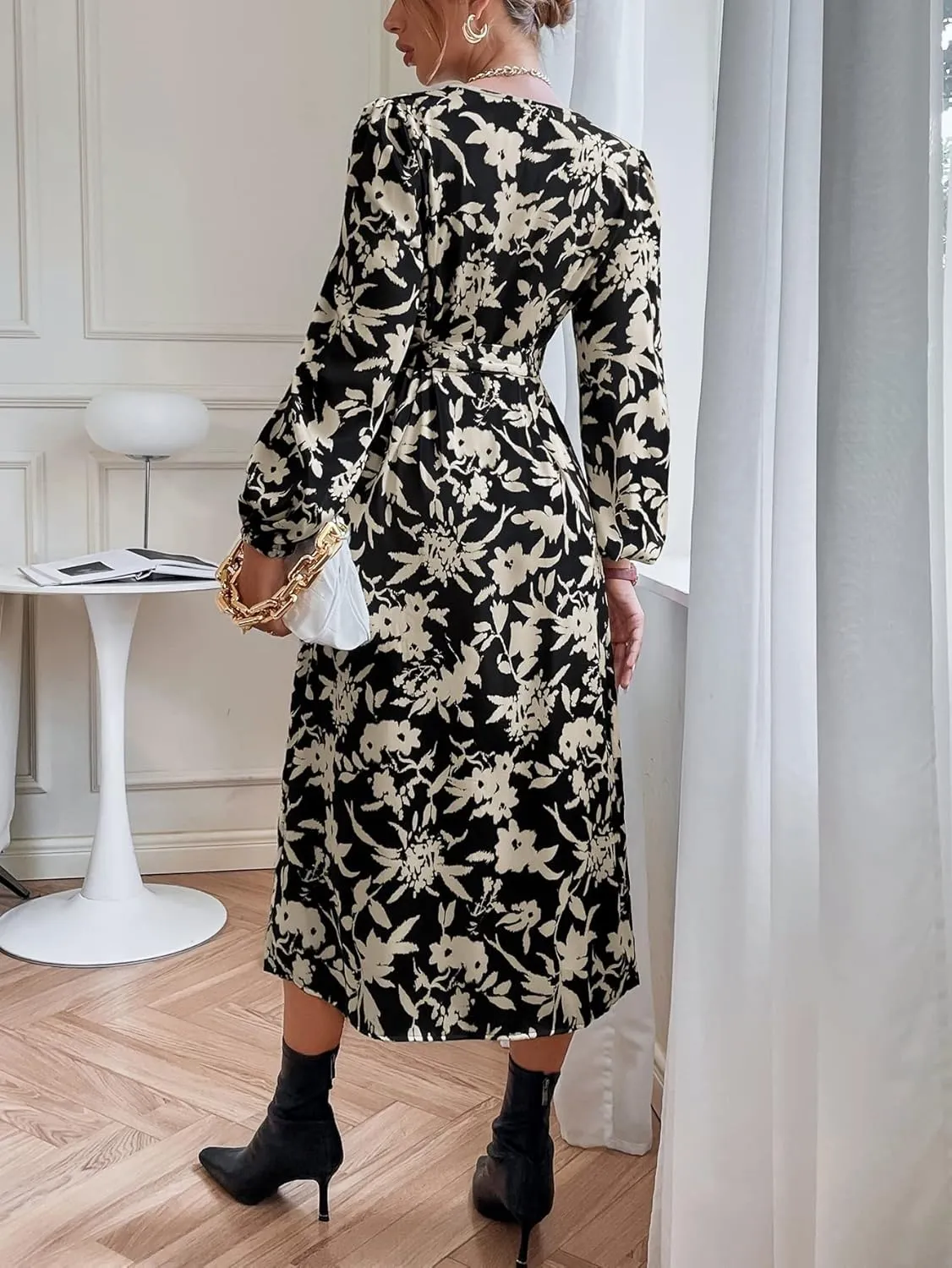 WDIRARA Women's Floral Lantern Sleeve V Neck Wrap Dress A Line Elegant Midi Dress