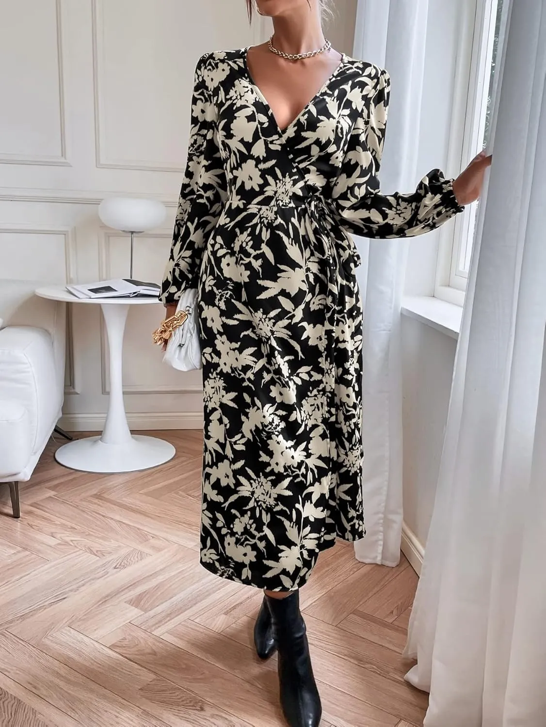 WDIRARA Women's Floral Lantern Sleeve V Neck Wrap Dress A Line Elegant Midi Dress