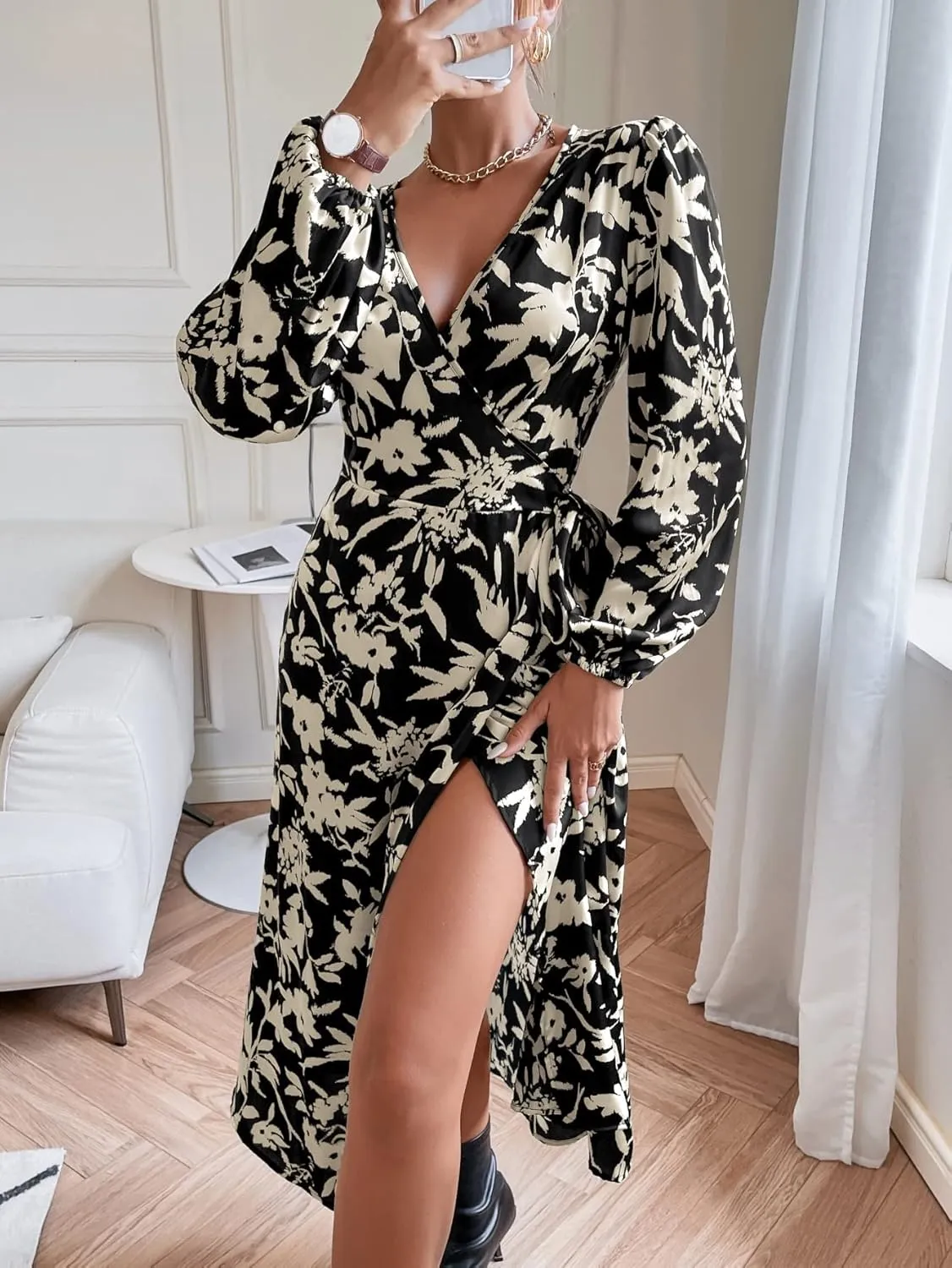 WDIRARA Women's Floral Lantern Sleeve V Neck Wrap Dress A Line Elegant Midi Dress
