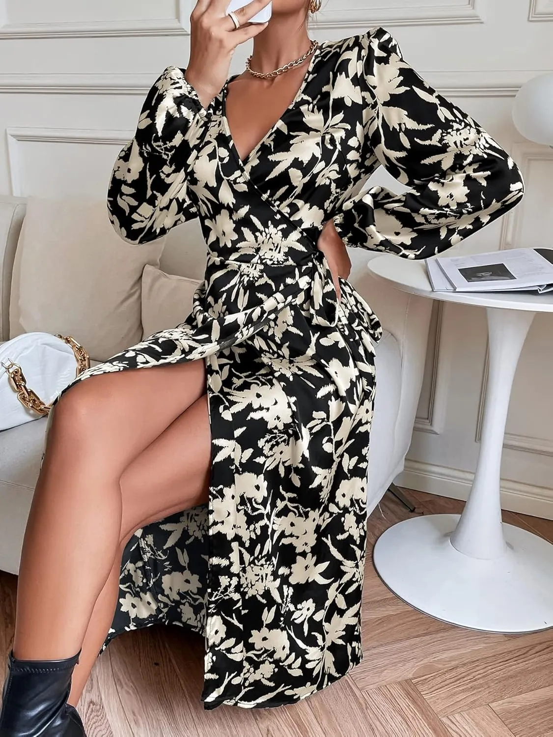 WDIRARA Women's Floral Lantern Sleeve V Neck Wrap Dress A Line Elegant Midi Dress