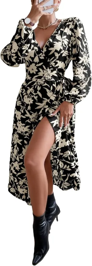 WDIRARA Women's Floral Lantern Sleeve V Neck Wrap Dress A Line Elegant Midi Dress