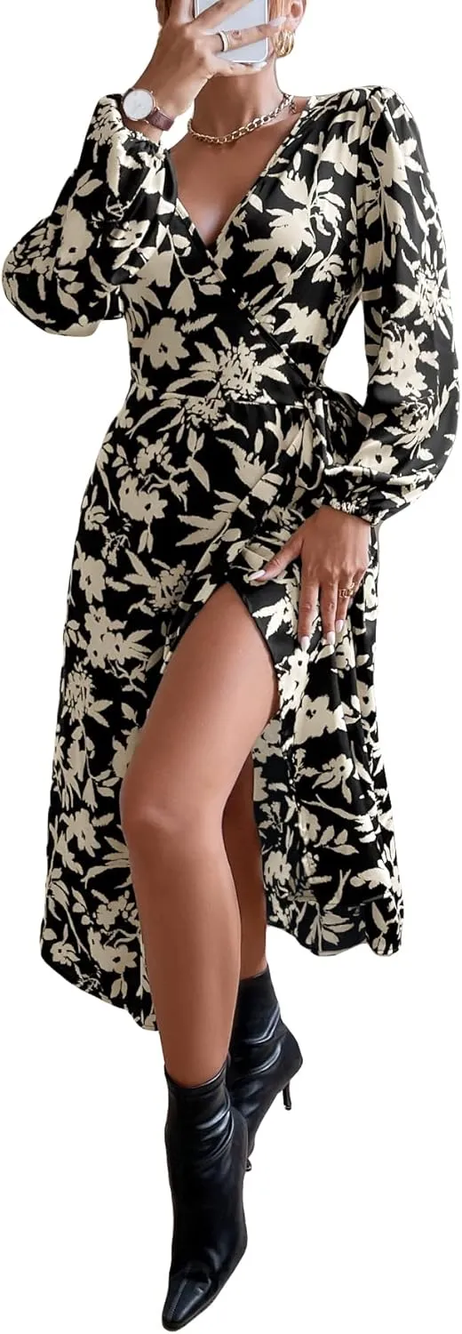 WDIRARA Women's Floral Lantern Sleeve V Neck Wrap Dress A Line Elegant Midi Dress