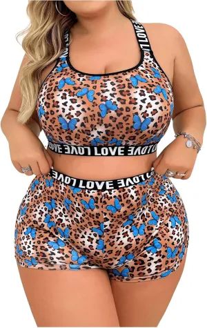 WDIRARA Women's Plus Size Letter Print Graphic Pattern Sexy Lingerie Set Wireless Bra And Panties 2 Piece Sets
