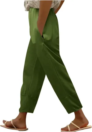 Wide Leg Cropped Cotton Linen Palazzo Pants for Women Summer Elastic Waist Crop Pants Casual Beach Trousers Pockets