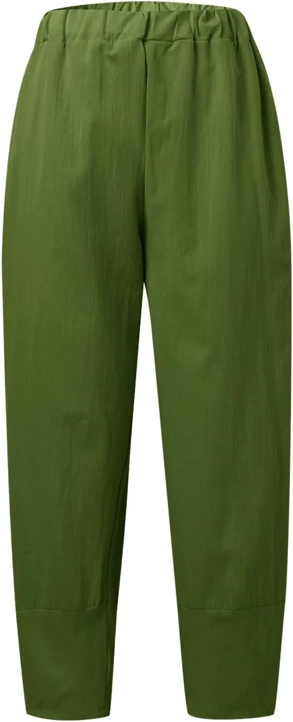 Wide Leg Cropped Cotton Linen Palazzo Pants for Women Summer Elastic Waist Crop Pants Casual Beach Trousers Pockets