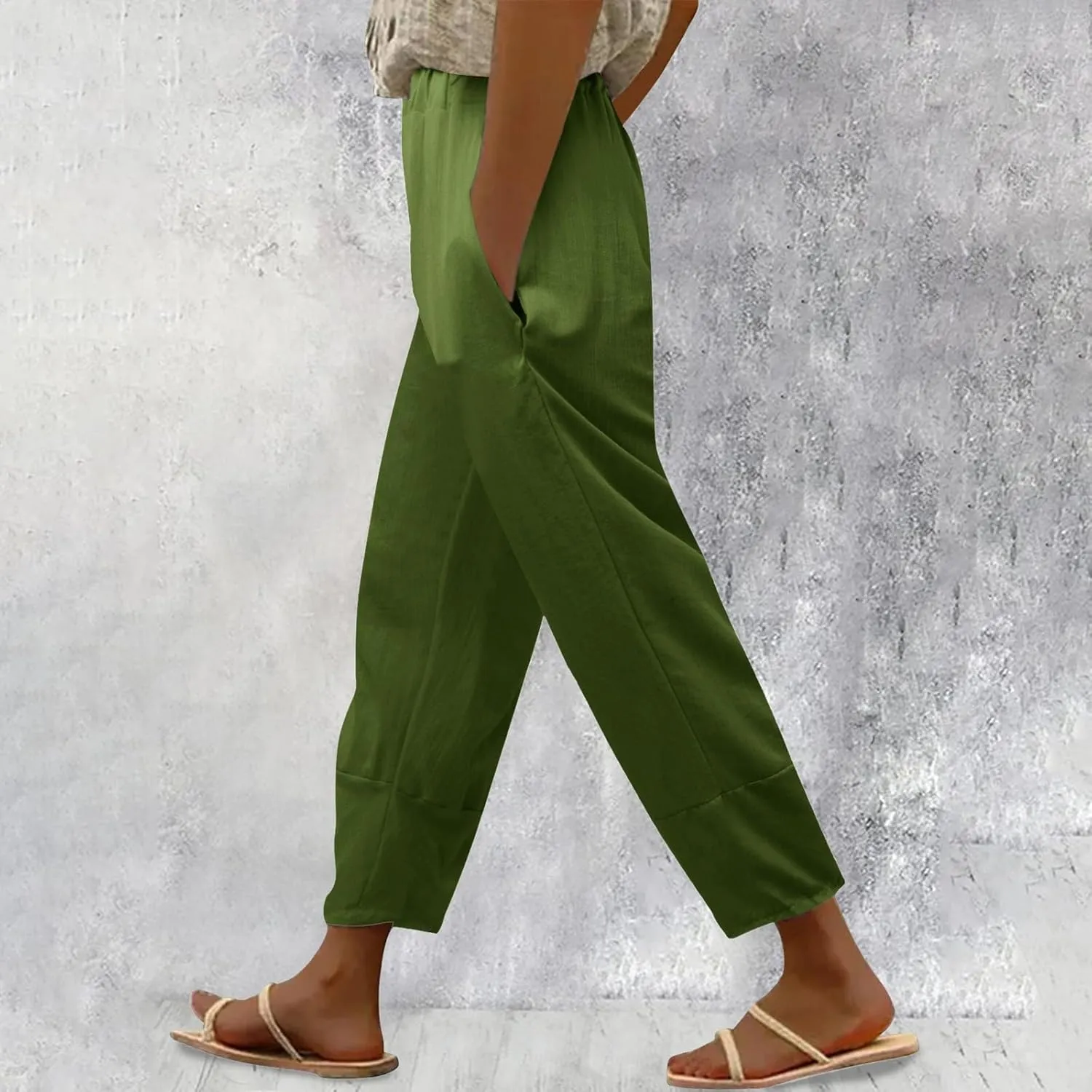 Wide Leg Cropped Cotton Linen Palazzo Pants for Women Summer Elastic Waist Crop Pants Casual Beach Trousers Pockets