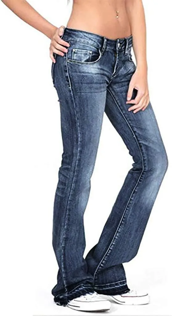 Wide Leg Jeans for Women Classic High Waisted Buttons Ripped Hem Flared Legs Stretch Denim Pants Slim Taper-Fit Vintage