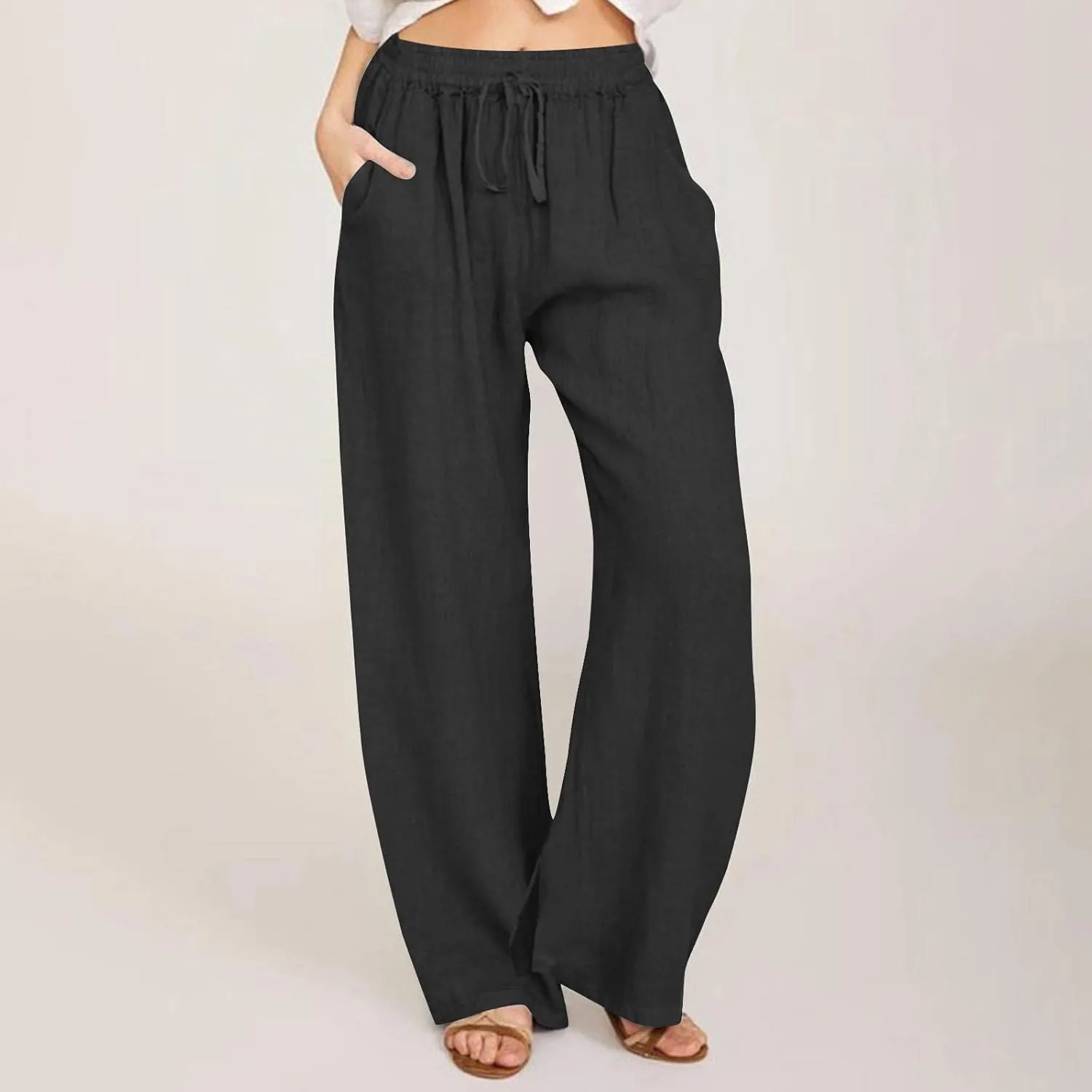 Wide Leg Pants for Women Cotton Linen Drawstring Long Trousers Elastic Waist Solid Color Baggy Pants Leisure
