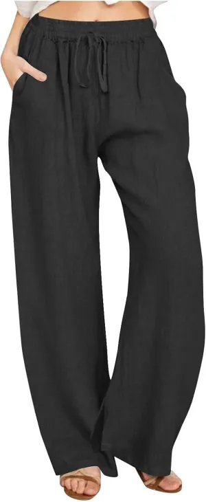 Wide Leg Pants for Women Cotton Linen Drawstring Long Trousers Elastic Waist Solid Color Baggy Pants Leisure