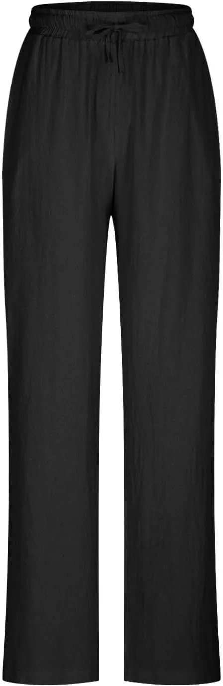 Wide Leg Pants for Women Cotton Linen Drawstring Long Trousers Elastic Waist Solid Color Baggy Pants Leisure