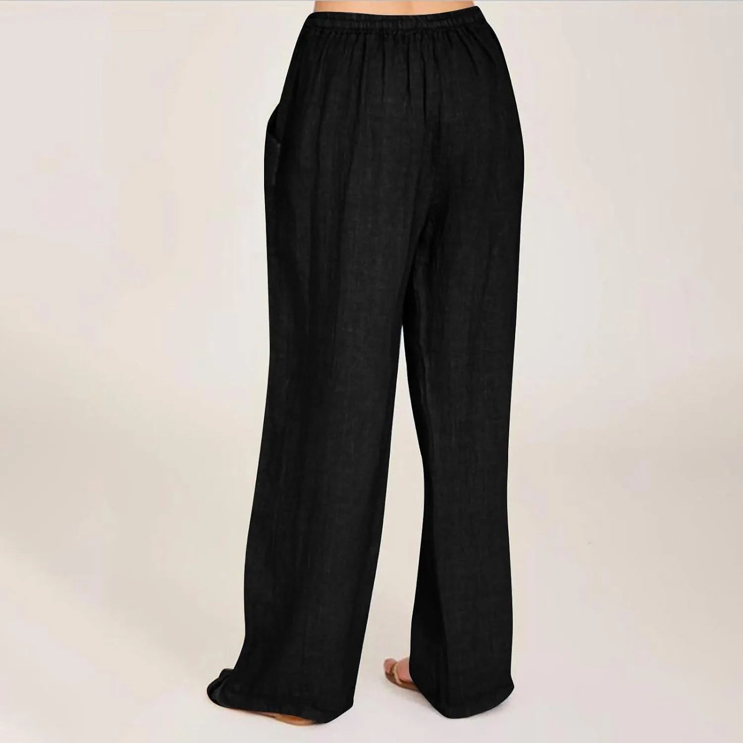 Wide Leg Pants for Women Cotton Linen Drawstring Long Trousers Elastic Waist Solid Color Baggy Pants Leisure