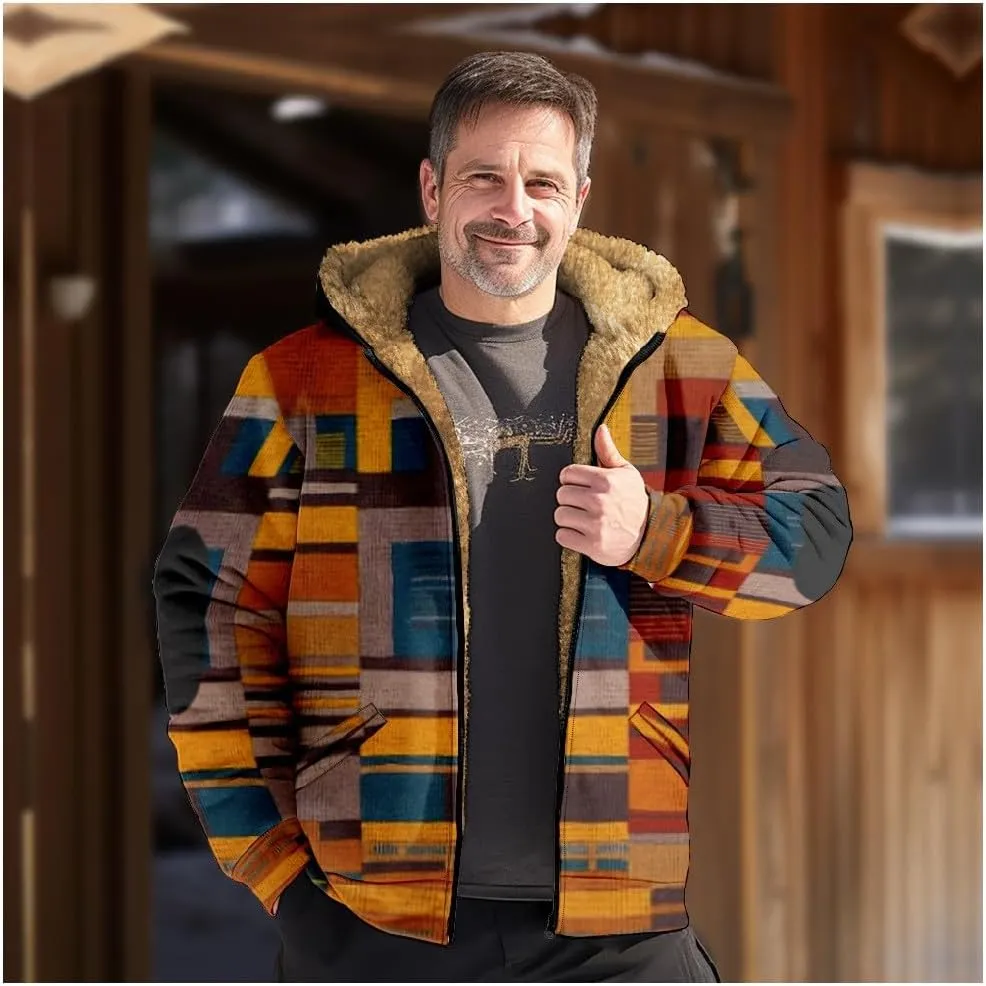 Winter Jacket for Men Printed Work Cargo Coats Zipper Outerwear Fleece Sherpa Lined Hoodies Hooded Sweatshirt Tops