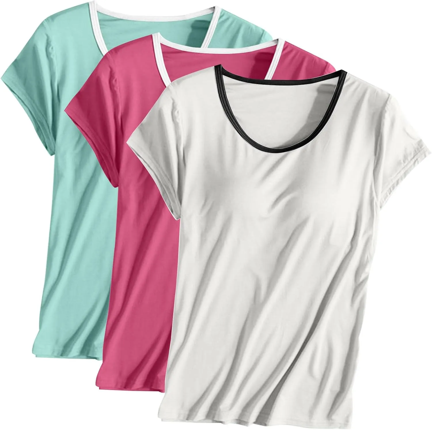 Women 3pcs Shirts with Built in Bra Short Sleeve Crewneck T-Shirts Modal Padded Pajamas Wireless Bra Tops Yoga Shirts