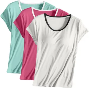 Women 3pcs Shirts with Built in Bra Short Sleeve Crewneck T-Shirts Modal Padded Pajamas Wireless Bra Tops Yoga Shirts
