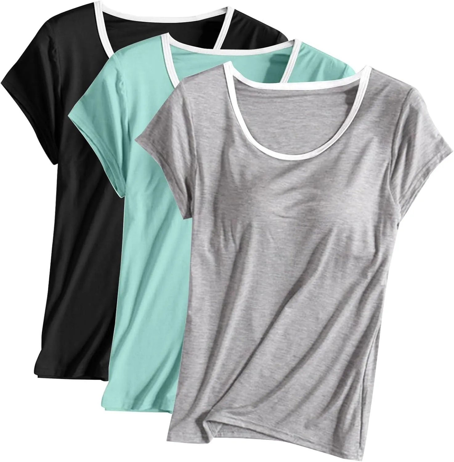 Women 3pcs Shirts with Built in Bra Short Sleeve Crewneck T-Shirts Modal Padded Pajamas Wireless Bra Tops Yoga Shirts