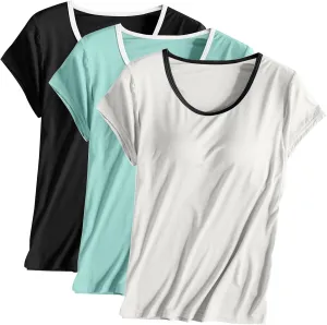 Women 3pcs Shirts with Built in Bra Short Sleeve Crewneck T-Shirts Modal Padded Pajamas Wireless Bra Tops Yoga Shirts