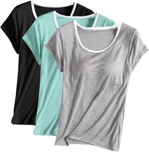 Women 3pcs Shirts with Built in Bra Short Sleeve Crewneck T-Shirts Modal Padded Pajamas Wireless Bra Tops Yoga Shirts