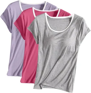 Women 3pcs Shirts with Built in Bra Short Sleeve Crewneck T-Shirts Modal Padded Pajamas Wireless Bra Tops Yoga Shirts