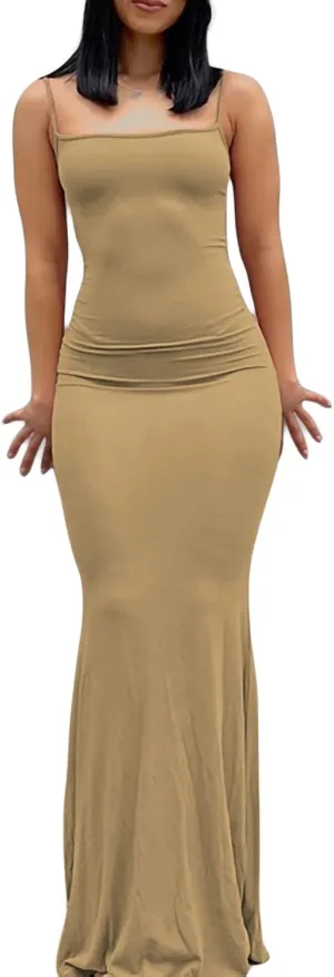 Women Bodycon Maxi Slip Dress Summer Sleeveless Strappy Backless Evening Party Long Dress