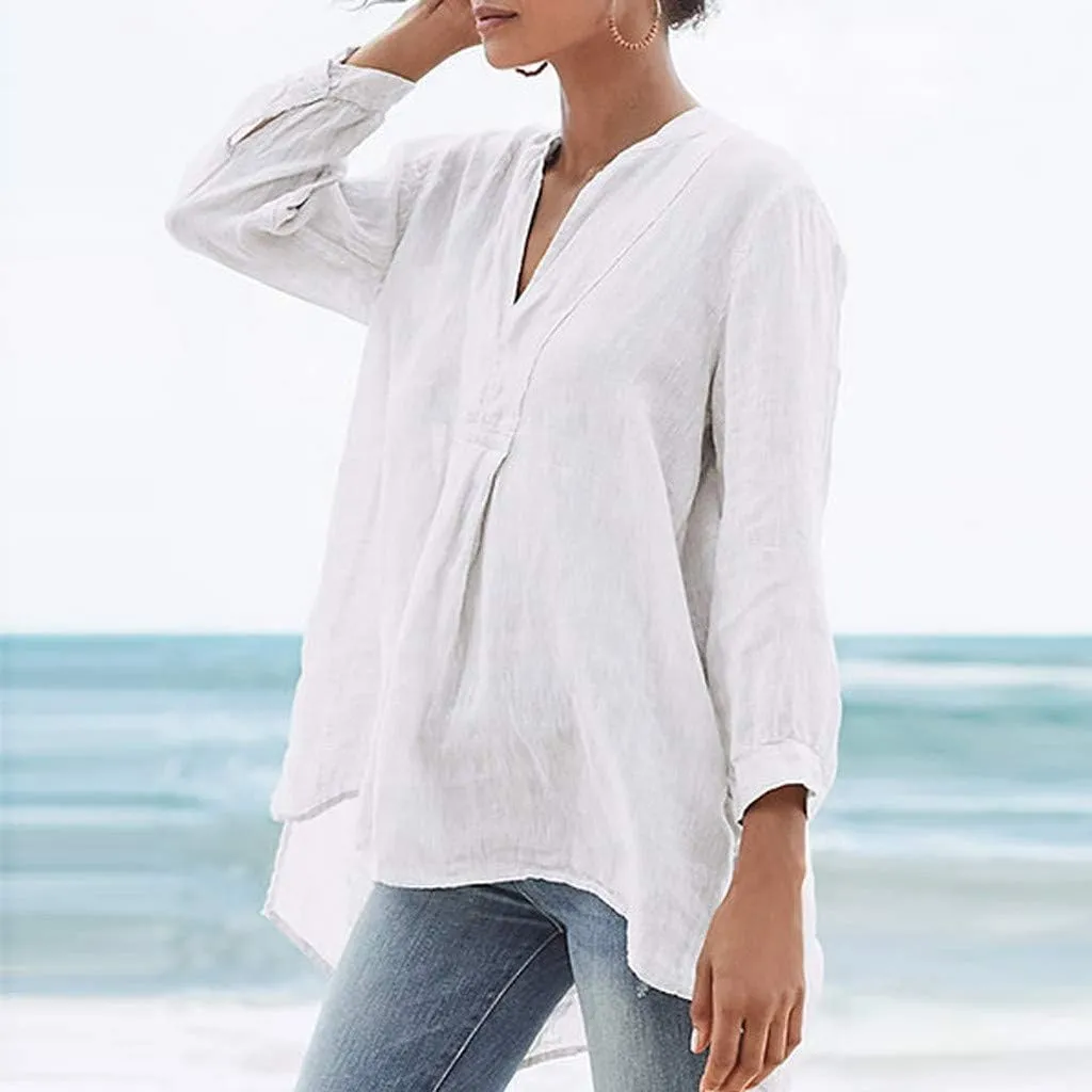 Women Button Up Shirts Cotton Linen Roll up Sleeve V Neck Soft Shirts Casual Loose Fit Work Blouse Tunic Top