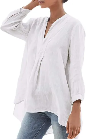 Women Button Up Shirts Cotton Linen Roll up Sleeve V Neck Soft Shirts Casual Loose Fit Work Blouse Tunic Top