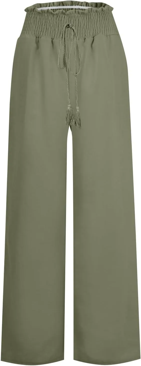 Women Cotton Linen Summer Floral Pants Elastic Waisted Lounge Pants Plus Size Trouser Beach