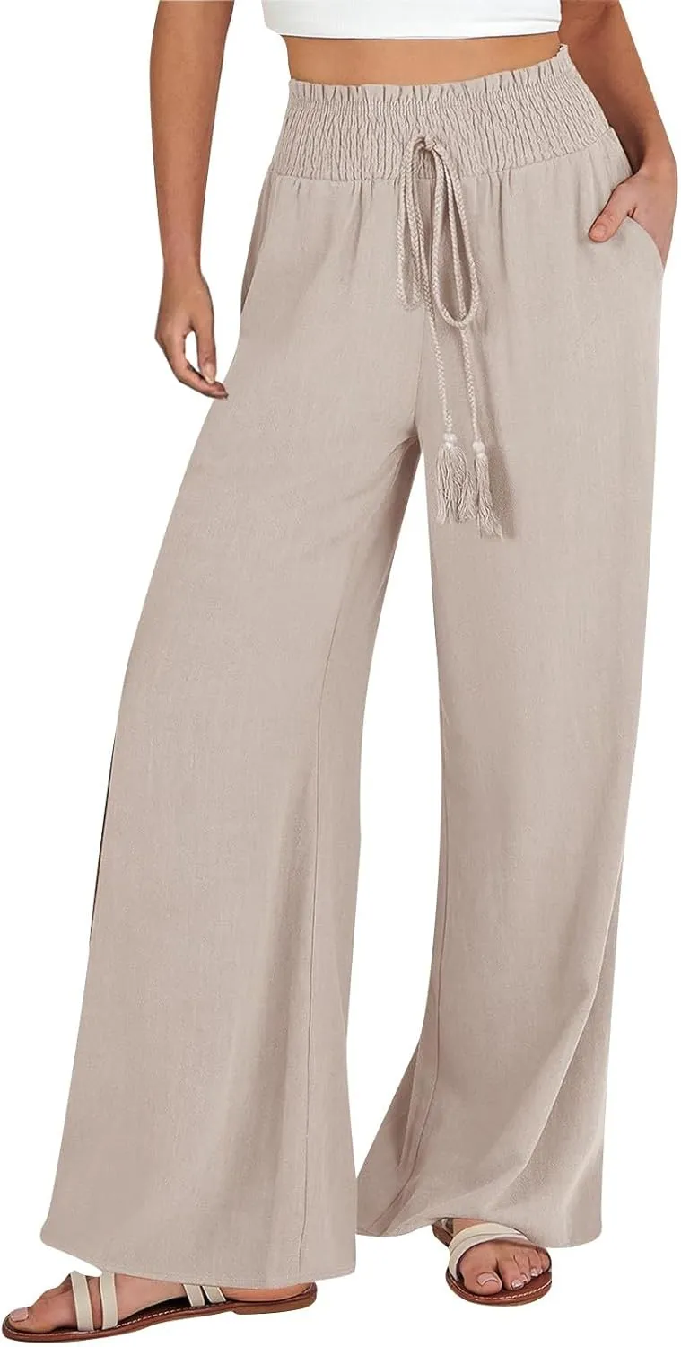 Women Cotton Linen Summer Floral Pants Elastic Waisted Lounge Pants Plus Size Trouser Beach