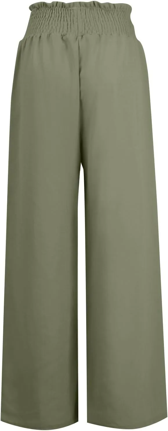 Women Cotton Linen Summer Floral Pants Elastic Waisted Lounge Pants Plus Size Trouser Beach