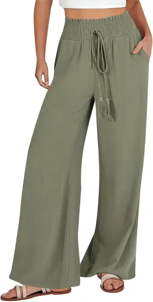 Women Cotton Linen Summer Floral Pants Elastic Waisted Lounge Pants Plus Size Trouser Beach