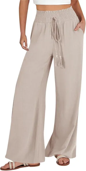 Women Cotton Linen Summer Floral Pants Elastic Waisted Lounge Pants Plus Size Trouser Beach