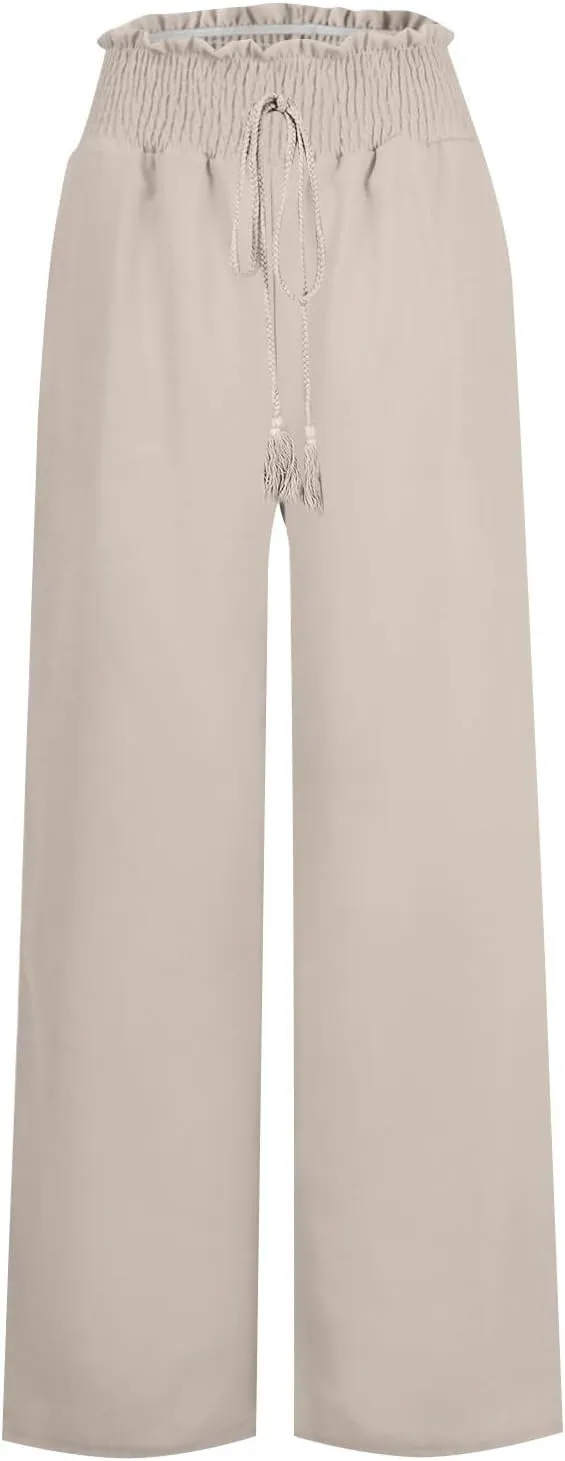 Women Cotton Linen Summer Floral Pants Elastic Waisted Lounge Pants Plus Size Trouser Beach