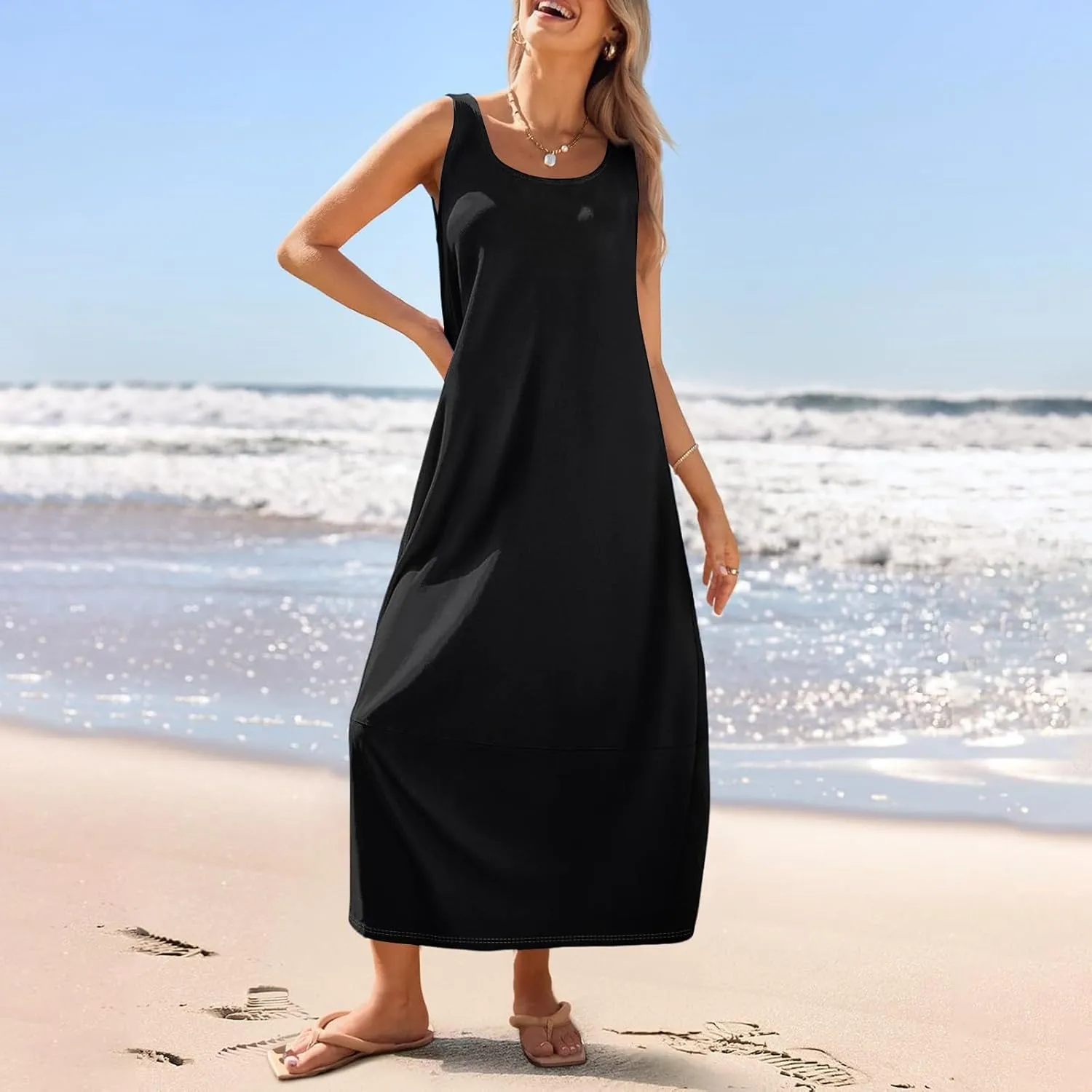 Women Dresses Sleeveless Beach Vacation Maxi Dress Scoop Neck Casual Sundress Loose 2025 Summer Flowy Tank Dress