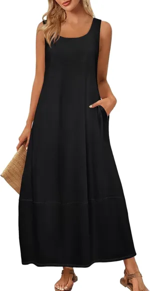 Women Dresses Sleeveless Beach Vacation Maxi Dress Scoop Neck Casual Sundress Loose 2025 Summer Flowy Tank Dress